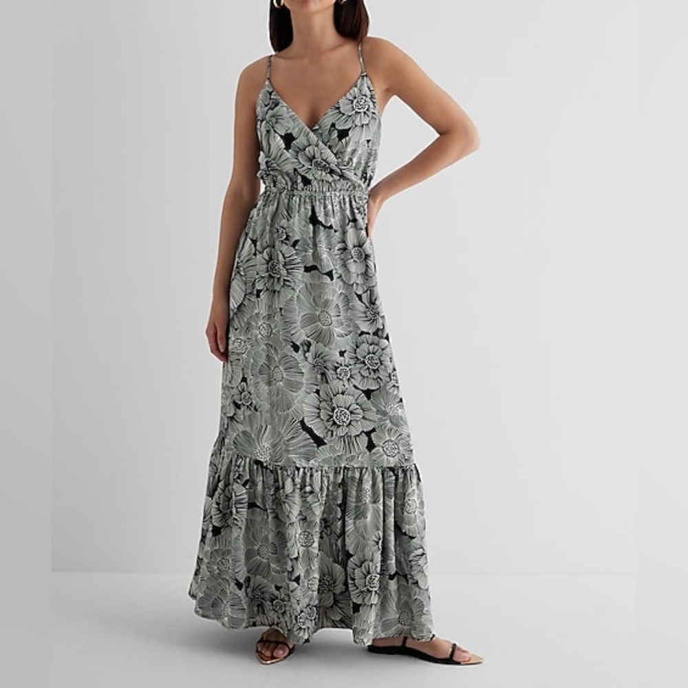 NWT Express Satin Floral Wrap Front Tiered Maxi Dress (M)